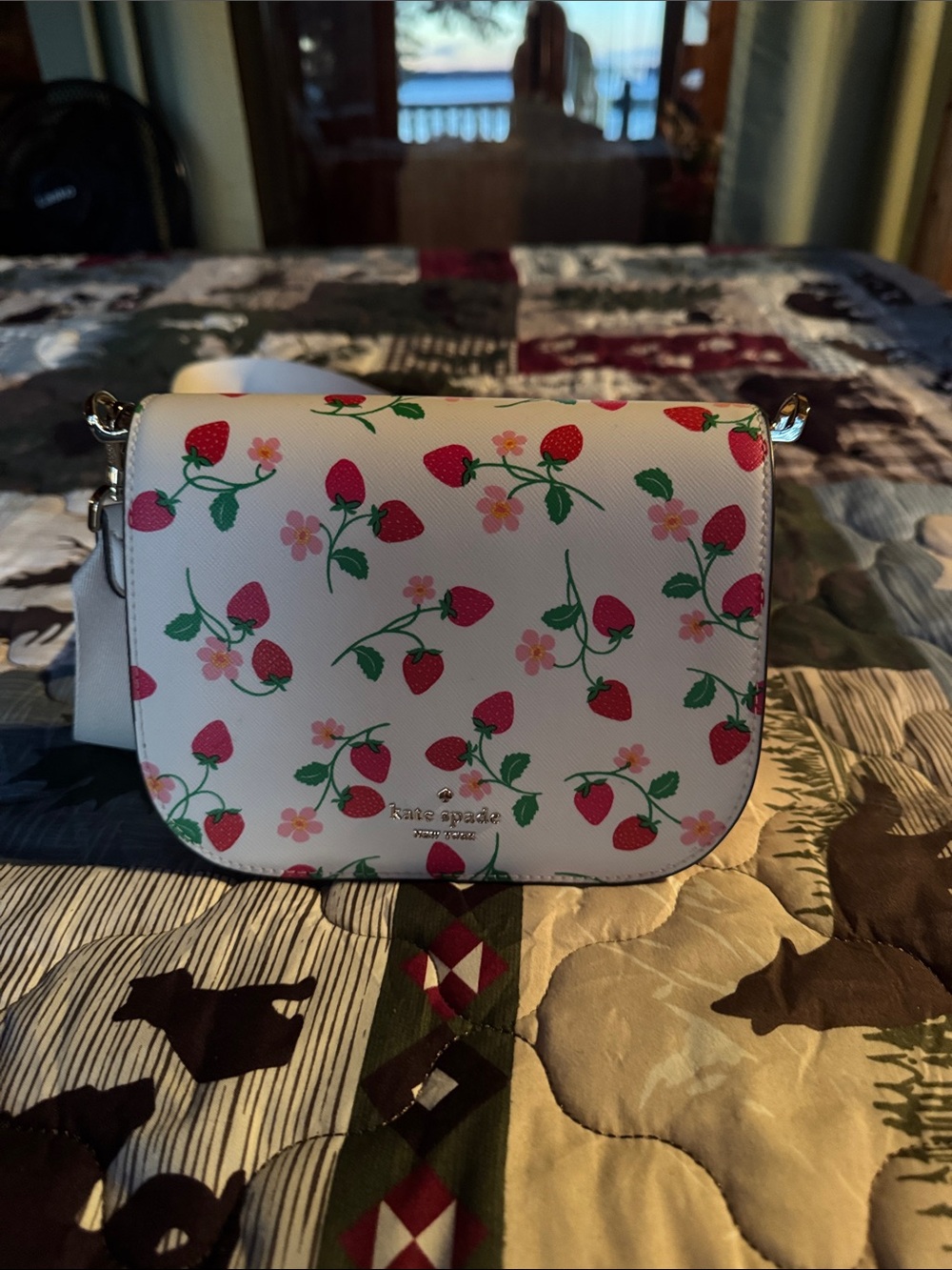 kate spade White Strawberry Print Crossbody Bag with Pink Blossoms